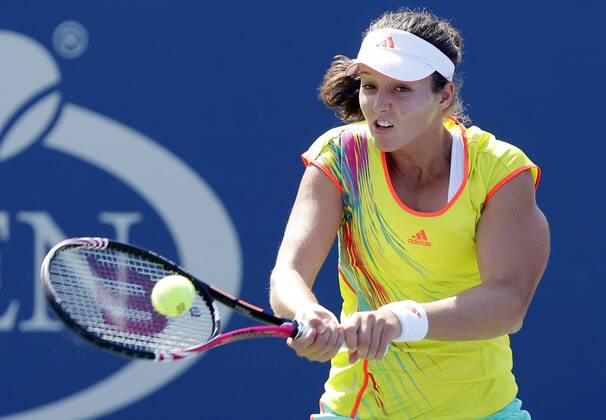 Laura Robson of Great Britain hits a backhand in a second round match in Louis Armstrong Stadium at the Billie Jean King National Tennis Center in New York City on August 31, 2012  NYP20120831104