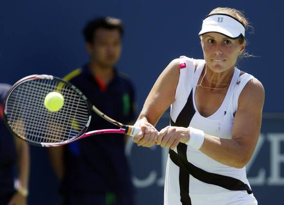 Varvara Lepchenko hits a backhand in her second round match of Australia in Arthur Ashe Stadium at the Billie Jean King National Tennis Center in New York City on August 31, 2012.  NYP20120831116