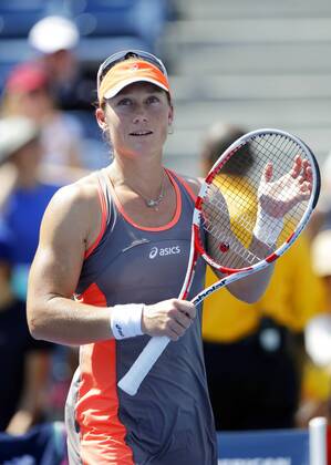 Samantha Stosur of Australia reacts after match point in her second round match in Arthur Ashe Stadium at the Billie Jean King National Tennis Center in New York City on August 31, 2012.  NYP20120831118
