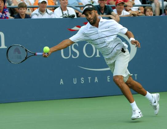 James Blake, USA, returns in the first set of third-round action at the 2012 U.S. Open held at the National Tennis Center on September 1, 2012.  NYP20120901309