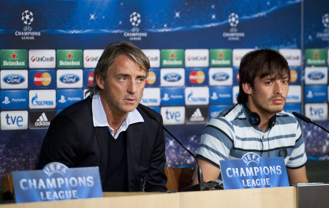 Manchester City - Real Madrid - UEFA Champions League 2012-2013 - Group Stage - Group D - Matchday 1 Roberto Mancini, coach of Manchester City, and David Silva in the press conference before the match Estadio Santiago Bernabeu- Madrid - Spain - 17 09 2012 