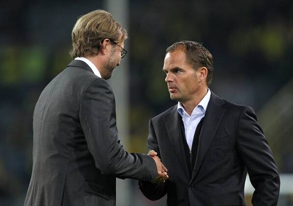 18.09.2012, Fussball UEFA-Champions League 2012 2013, Gruppe D, Vorrunde, 1. Spieltag, Borussia Dortmund - Ajax Amsterdam, im Signal-Iduna-Park Dortmund. v.l. Trainer Jürgen Klopp (Dortmund) , Trainer Frank De Boer (Ajax Amsterdam)
