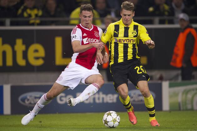 (L-R) Derk Boerrigter of Ajax,Lukasz Piszczek of Borussia Dortmund Borussia Dortmund v Ajax Amsterdam Champions League 2012 2013 xVIxMAURICExVANxSTEENxIVx 1152523