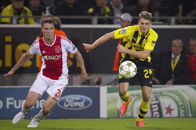 (L-R) Derk Boerrigter of Ajax,Lukasz Piszczek of Borussia Dortmund Borussia Dortmund v Ajax Amsterdam Champions League 2012 2013 xVIxMAURICExVANxSTEENxIVx 1153083
