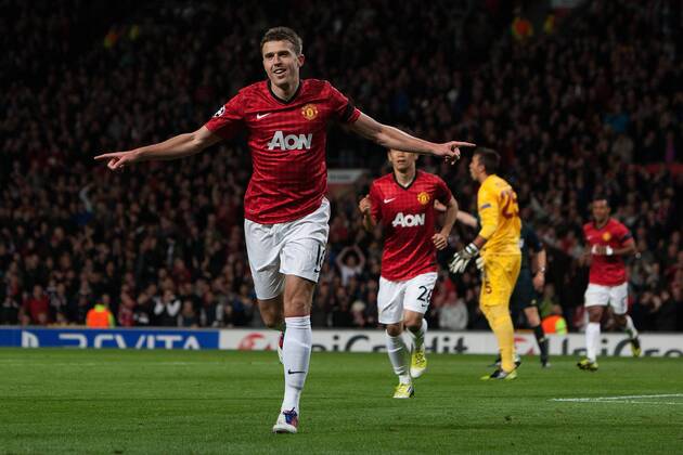 Football - Champions League - Manchester United vs. Galatasaray AS Michael Carrick of Manchester United celebrates his opening goal at Old Trafford 
