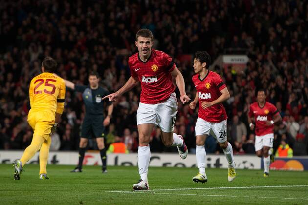 Football - Champions League - Manchester United vs. Galatasaray AS Michael Carrick of Manchester United celebrates his opening goal at Old Trafford 