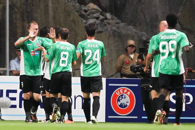 Players of CFR Cluj celebrate the 1-0 goal during the UEFA Champions League, Group H, match against CFR Cluj at AXa Stadium in Braga. 