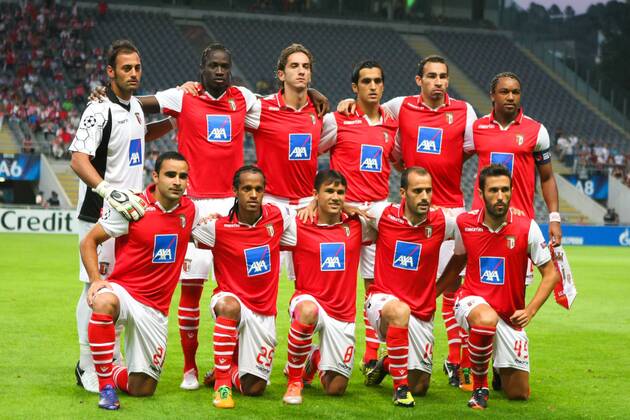 Team of SC Braga (back row L-R): Beto, Eder, Nuno Andre Coelho, Custodio, Paulo Vinicius, Alan; (front row L-R): Ismaily, Leandro Salino, Mossoro, Ruben Micael, Hugo Viana during the UEFA Champions League, Group H, AXa Stadium in Braga. 