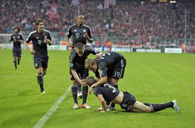 19.09.2012, Fussball UEFA-Champions League 2012 2013, Vorrunde, 1. Spieltag, FC Bayern München - FC Valencia, in der Allianz-Arena München. Bastian Schweinsteiger (München) Torjubel.
