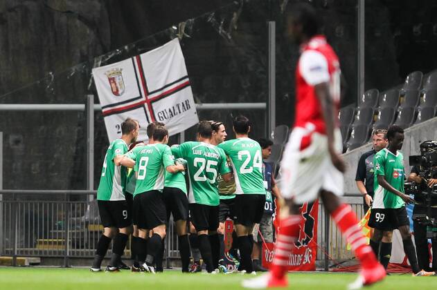 players of CFR Cluj celebrate the 2-0 goal scored by the Brazilian Rafael Bastos during the UEFA Champions League, Group H, match against CFR Cluj at AXa Stadium in Braga. 