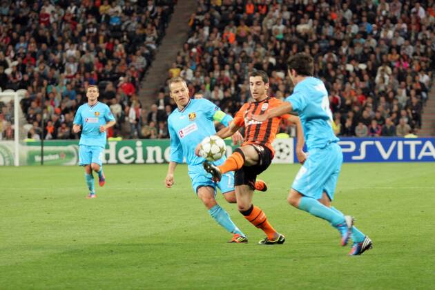 Henrik Mkhitaryan (2.R) - Nicolai Stokholm (3.R) FC Shakhtar Donetsk - FC Nordsjaelland, Champions League Group E at the Donbass Arena, Donetsk, Ukraine, September 19, 2012 