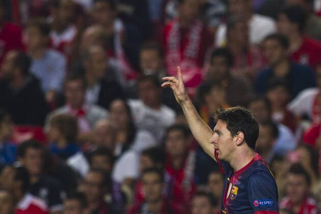 2 October 2012 - Lisbon, Portugal - Lionel Messi FC Barcelona forward celebrating Barcelona second goal during the UEFA Champions League soccer match between SL Benfica and FC Barcelona for group stage - group D, at SL Benfica, Luz stadium in Lisbon. 