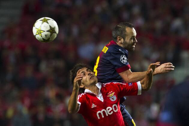 2 October 2012 - Lisbon, Portugal - Pablo Aimar SL Benfica midfielder (L) and Andres Iniesta FC Barcelona midfielder (R) during the UEFA Champions League soccer match between SL Benfica and FC Barcelona for group stage - group D, at SL Benfica, Luz stadium in Lisbon. 