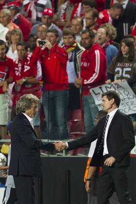 2 October 2012 - Lisbon, Portugal - Jorge Jesus SL Benfica coach (L) and Tito Vilanova FC Barcelona coach (R) at the end of the UEFA Champions League soccer match between SL Benfica and FC Barcelona for group stage - group D, at SL Benfica, Luz stadium in Lisbon. 