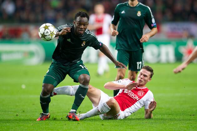 (L-R) Michael Essien of Real Madrid,Derk Boerrigter of Ajax Ajax v Real Madrid UEFA Champions League 2012 2013 xVIxxIVx 1177067