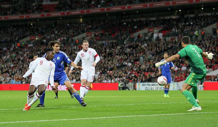 England s Danny Welbeck scoring his sides second goal..England v San Marino - FIFA World Cup Qualifier - Wembley Stadium- 12 10 12 - Picture David Klein Sportimage EDITORIAL USE ONLY. No use with unauthorised audio, video, data, fixture lists, club league logos or live services. Online in-match use limited to 120 images, no video emulation. No use in betting, games or single club league player publications.