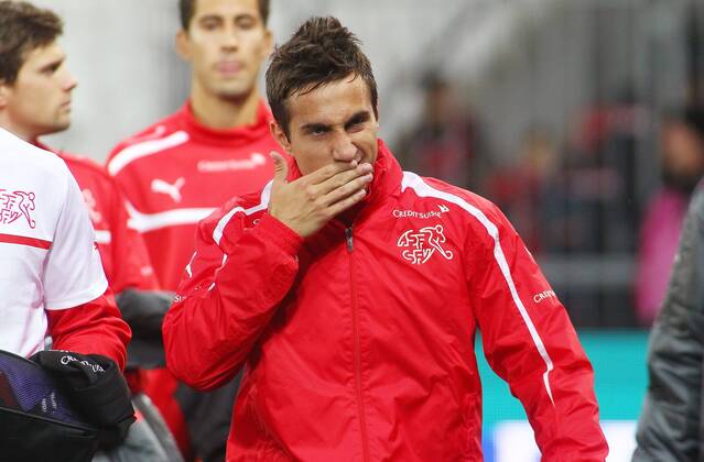 12.10. 2012 Stade de Suisse Bern , SCHWEIZ , Herren WM Qualifikationsspiel Saison 2012 2013 Schweiz - Norwegen Mario Gavranovic (Schweiz) ; Einzelbild