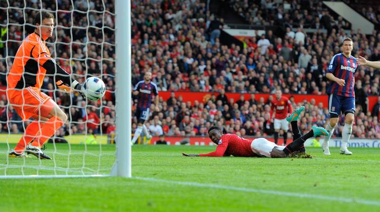 Danny Welbeck of Manchester United scores the third goal - Barclays Premier League - Manchester United (ManU) vs Stoke City - Old Trafford Stadium - Manchester - 20 10 12 - EDITORIAL USE ONLY. No use with unauthorised audio, video, data, fixture lists, club league logos or live services. Online in-match use limited to 120 images, no video emulation. No use in betting, games or single club league player publications.