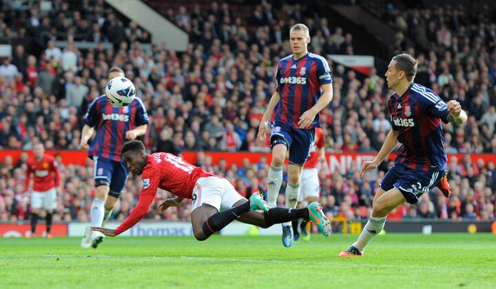 Danny Welbeck of Manchester United scores the third goal - Barclays Premier League - Manchester United (ManU) vs Stoke City - Old Trafford Stadium - Manchester - 20 10 12 - EDITORIAL USE ONLY. No use with unauthorised audio, video, data, fixture lists, club league logos or live services. Online in-match use limited to 120 images, no video emulation. No use in betting, games or single club league player publications.