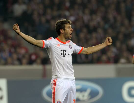 23.10.2012, Fussball Championsleague 2012 2013, Vorrundenspiel, OSC Lille (LOSC) - FC Bayern München, in Lille (Frankreich). Thomas Müller (Bayern München) Torjubel