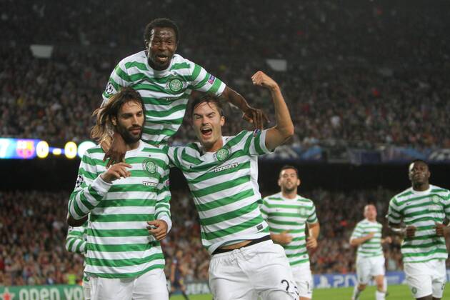 Celtic players celebrating the score of Giorgos Samaras (min 18) 