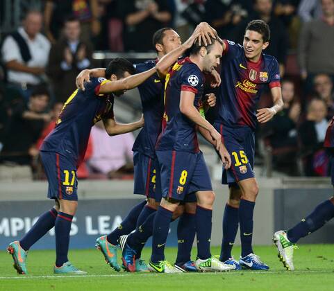 FUSSBALL INTERNATIONAL CHAMPIONS LEAGUE 2012 2013 FC Barcelona - Celtic FC Glasgow 23.10.2012 JUBEL Barca nach dem Tor zum 1-0; Pedro Rodriguez, Adriano, Torschütze Andres Iniesta und Marc Bartra (v.li.) 