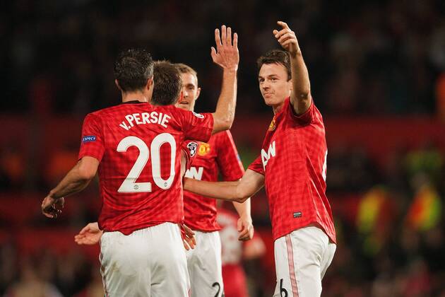 Football - Champions League - Manchester United vs. SC Braga Jonny Evans of Manchester United celebrates his equalising goal at Old Trafford 