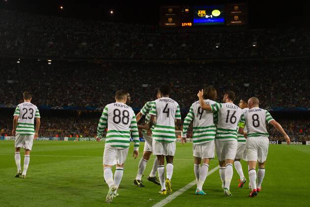 Celtic s players at Barcelona s Camp Nu cellebrating the firt score of the match FC Barcelona Barca - Celtic Glasgow 