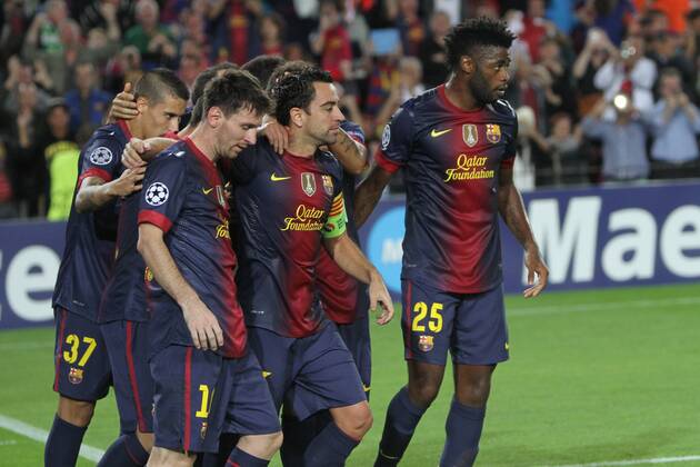 FC Barcelona s players (Lionel Messi, Xavi Hernandez, Alex Song) cellebrating the second score of Barça (Jordi Alba Min 90) FC Barcelona Barca - Celtic Glasgow 