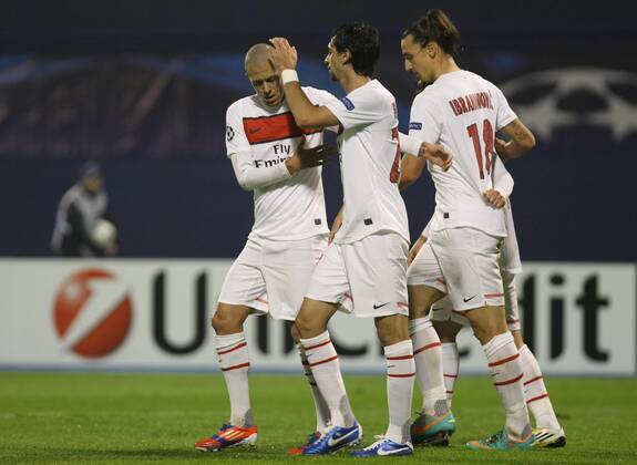 Zagreb, Stadion Maksimir, 10 24 12, - UEFA Champion League 2012 13 season, Group A GNK Dinamo Zagreb (blue) - Paris Saint-Germain FC (white). Javier PASTORE, (27-PSG), Zlatan IBRAHIMOVIC, (18-PSG),