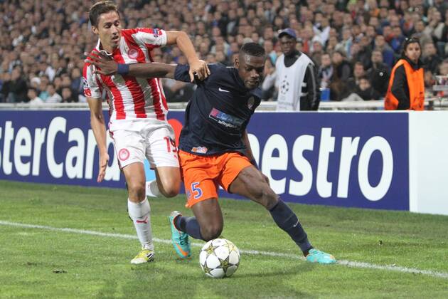 David Fuster (L) - Henri Bedimo FOOTBALL: HSC Montpellier - Olympiakos Piräus. Champions League. 24 10 2012 xRichardxGosselinx 