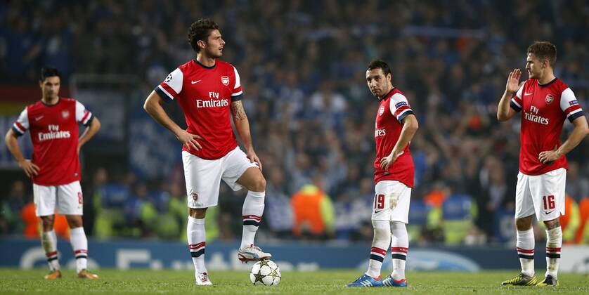 (121025) -- LONDON, Oct. 25, 2012(Xinhua) -- Mikel Arteta, Olivier Giroud, Santi Cazorla and Aaron Ramsey (L to R) of Arsenal look dejected during the UEFA Champions League Group B match between Arsenal and FC Schalke 04 at the Emirates Stadium in London, Britain on October 24, 2012. FC Schalke 04 won 2-0. (Xinhua Wang Lili) BRITAIN-LONDON-SOCCER-UEFA-CHAMPIONS LEAGUE-ARSENAL-SCHALKE 