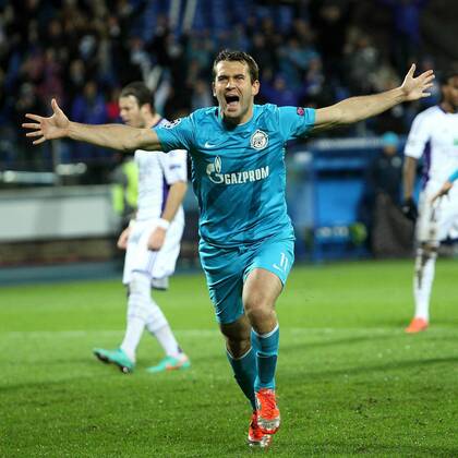 October 24, 2012. - Saint Petersburg. - Champions League 2012 13 - FC Zenit St Petersburg - RSC Anderlecht, 1:0. In picture: FC Zenit s player Aleksander Kerzhakov after his penalty goal. AleksanderxKulebyakin 