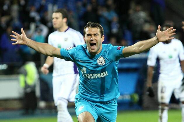 October 24, 2012. - Saint Petersburg. - Champions League 2012 13 - FC Zenit St Petersburg - RSC Anderlecht, 1:0. In picture: FC Zenit s player Aleksander Kerzhakov after his penalty goal. AleksanderxKulebyakin 