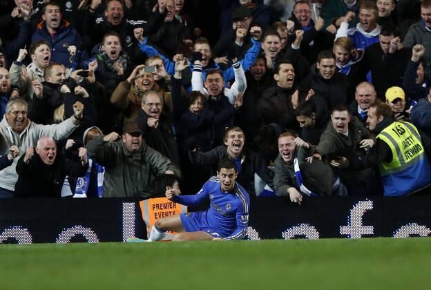 Chelsea s Eden Hazard celebrates scoring his sides third goal.. - FC Chelsea vs Manchester United (ManU) - Capital One Cup Fourth Round - Stamford Bridge, London- 31 10 12 - PicturexDavidxKlein Sportimage EDITORIAL USE ONLY. No use with unauthorised audio, video, data, fixture lists, club league logos or live services. Online in-match use limited to 120 images, no video emulation. No use in betting, games or single club league player publications.