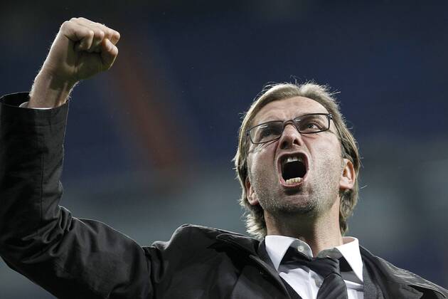 Borussia Dortmund s coach Jürgen Klopp celebrates with the supporters after Champions League 2012 2013 match.November 6,2012.  (201211064690)