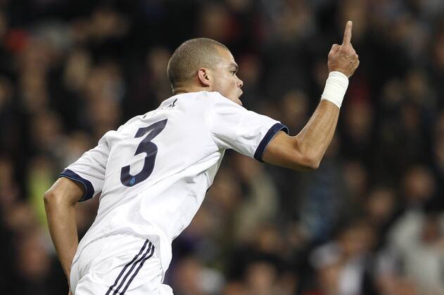 06.11.2012 Madrid, Spain. Champions League Real Madrid CF vs Borussia Dortmund (2-2) at Santiago Bernabeu stadium. The picture shows Kepler Laveran Pepe (Real Madrid) celebrating his goal xEnriquexdexlaxFuentex  ActionPlus20147363