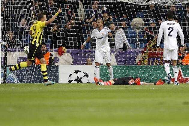 06.11.2012 Madrid, Spain. Champions League Real Madrid CF vs Borussia Dortmund (2-2) at Santiago Bernabeu stadium. The picture shows Chris Lowe (Defender of Borussia Dortmund) celebrating his team s goal xEnriquexdexlaxFuentex  ActionPlus20147364