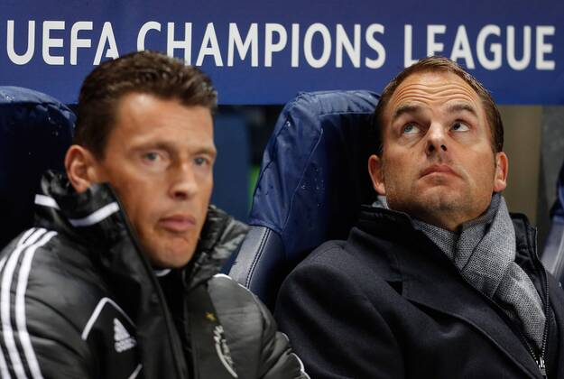 Manager Frank de Boer (R) of Ajax..Champions League football match between Manchester City and Ajax at the Etihad Stadium, Manchester on the 6th November 2012.. EDITORIAL USE ONLY. No use with unauthorised audio, video, data, fixture lists, club league logos or live services. Online in-match use limited to 120 images, no video emulation. No use in betting, games or single club league player publications.