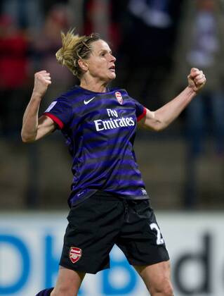 Jubel nach dem Tor zum 2-3: Torschuetzin Kelly SMITH (LON) jubelt. Fussball Frauen UEFA Championsleague - Saison 2012 2013: 1.FFC Turbine Potsdam - FC Arsenal London in Potsdam, Deutschland am 07.11.2012,