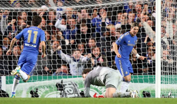 07.11.2012. London, England. Fernando Torres of Chelsea celebrates his goal as he intercepts a clearance from the goalkeeper during the UEFA Champions League Group E game between Chelsea and Shakhtar Donetsk from Stamford Bridge xKieranxGalvinx  ActionPlus11345008