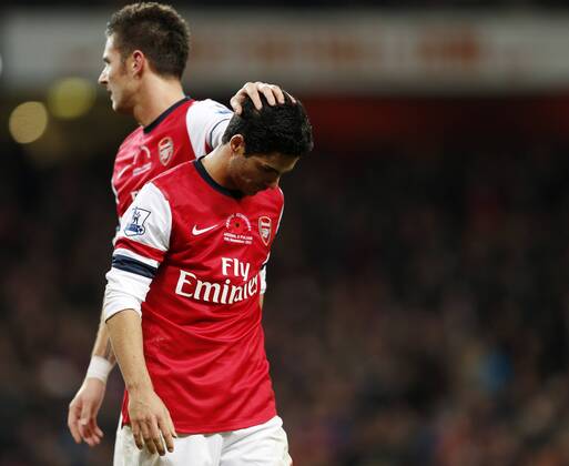 Arsenal s Mikel Arteta looks on dejected after missing a last minute penalty .. - FC Arsenal vs FC Fulham - Premier League- Emirates Stadium, London- 10 11 12 - PicturexDavidxKlein xSportimage EDITORIAL USE ONLY. No use with unauthorised audio, video, data, fixture lists, club league logos or live services. Online in-match use limited to 120 images, no video emulation. No use in betting, games or single club league player publications.