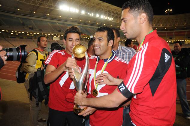 Nov. 17, 2012 - TUNIS, Tunisia - Al Ahly of Egypt won the African Champions League football in 2012 beating Esperance Sportive de Tunis defending champion with a score of 2-1 in the Final return Rades stadium. Al Ahly (Egypt) won the African Champions League in Tunis. Al-Sayed Hamdy (C) with the Trophy  - ZUMAm10