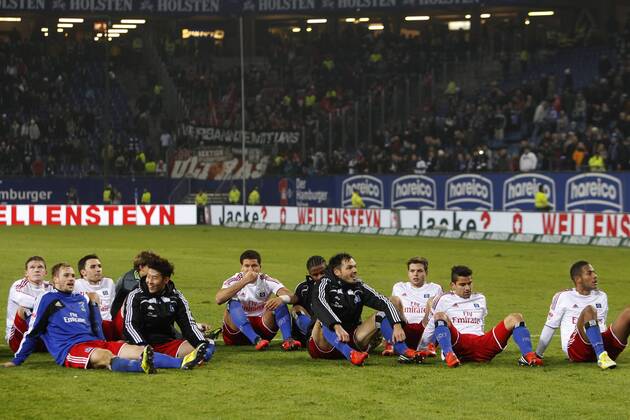 Football - soccer: first division germany, 1. Bundesliga 2012 2013, Hamburger SV (HSV) - 1. FSV Mainz 05, Schlussjubel bei der Mannschaft des HSV xPhilippxSzyzax xHOCHxZWEIx