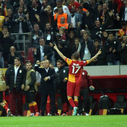 Burak Yilmaz of Galatasaray celebrate the goal against Manchester United during Champions League Group H match between Galatasaray and Manchester United at Ali Sami Yen Sports Complex in Istanbul . Turkey 20.11.2012 Photo:Ali OZLUER Seskimphoto 