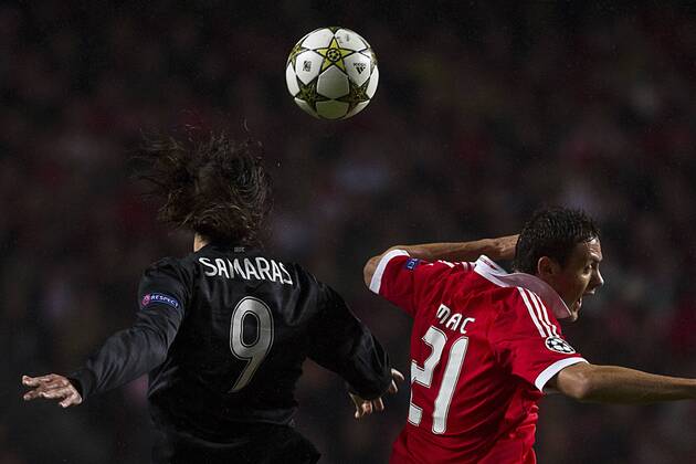 20 November 2012 - Lisbon, Portugal - Giorgos Samaras Celtic FC forward (L) and Nemanja Matic (R) during the UEFA Champions League soccer match between SL Benfica from Portugal and Celtic FC from Scotland, for group stage - group G, at SL Benfica, Luz Satadium in Lisbon. 