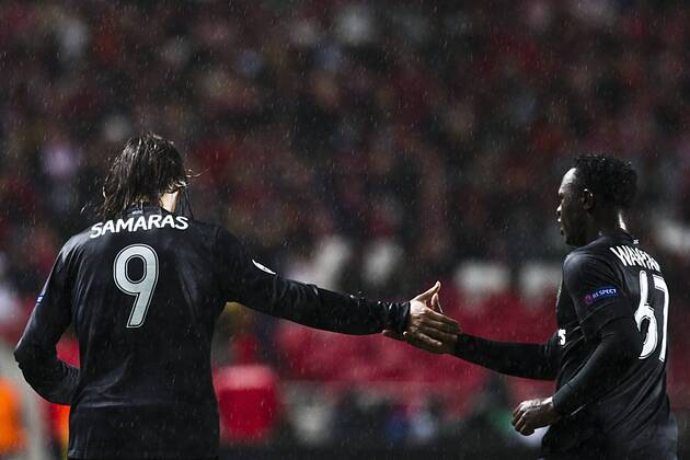20 November 2012 - Lisbon, Portugal - Giorgos Samaras Celtic FC forward (left) celebrating his goal during the UEFA Champions League soccer match between SL Benfica from Portugal and Celtic FC from Scotland, for group stage - group G, at SL Benfica, Luz Satadium in Lisbon. 