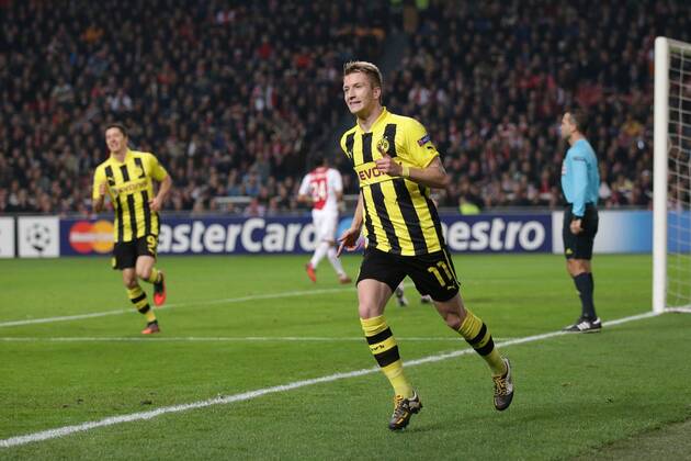 21.11.2012 Fussball Champions League Vorrunde 5. Spieltag Gruppe D AJAX Amsterdam - BVB Borussia Dortmund Fussball Maenner Saison 2012 13 Marco REUS (Borussia Dortmund - BVB - 11) jubelt über sein Tor zum 0-1 für Dortmund