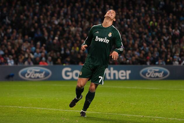 Football - 2012 2013 Champions League - Manchester City vs. Real Madrid Cristiano Ronaldo of Real Madrid rues a missed opportunity at the Etihad Stadium 
