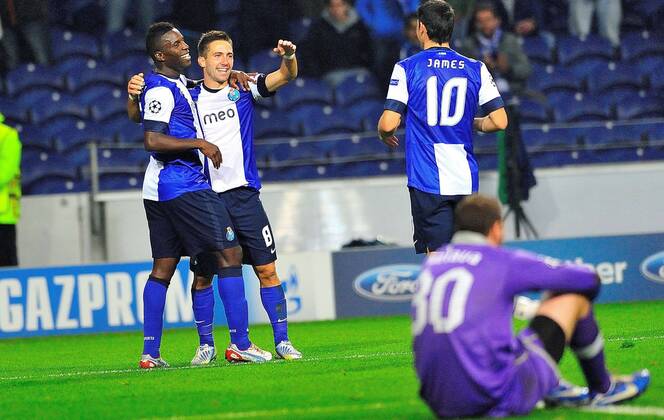 Nov. 21, 2012 - Porto, Portugal - JOAO MOUTINHO, celebrating a 3rd score with Jackson (L) and JAMES RODRIGUEZ (right), Porto won by 3x0 Dinamo Zagreb at the Estadio do Dragao. -- FC Porto - Dinamo Zagreb 3:0 --  - ZUMAm11